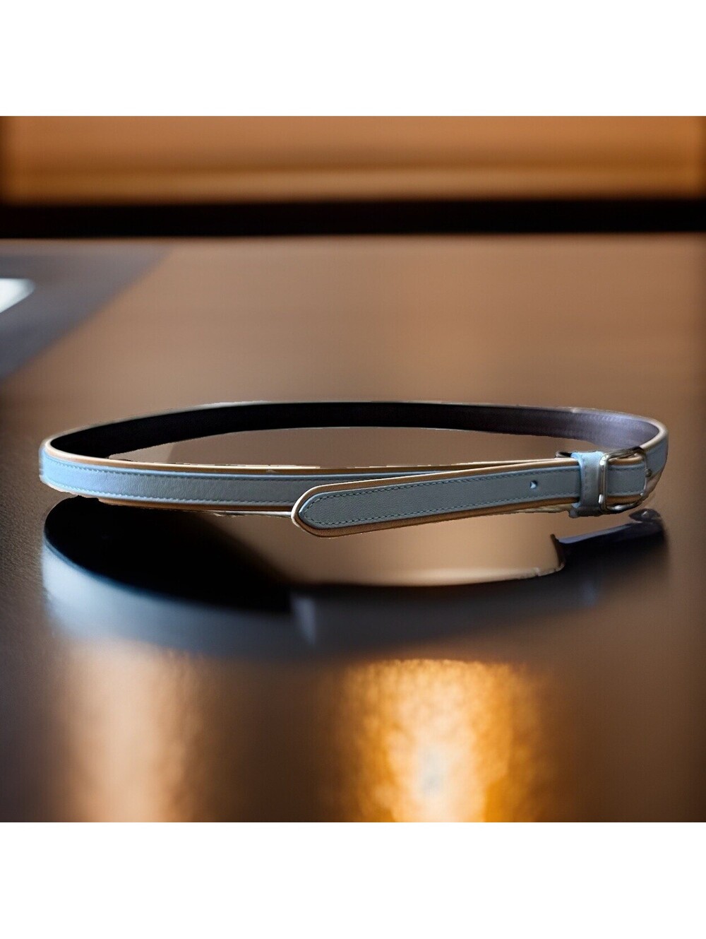 Coach Light Blue Skinny Leather Waist Belt Silver Tone Buckle Size S Italy